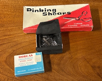 Vintage Heavy Duty Chrome Pinking Shears Self Adjusting Ball + Box Of steel Pins