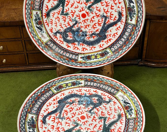 Vintage Pair Of Chinese Qianlong Double Dragon Ceramic Plates - Makers Mark Seal