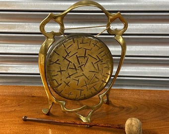 Vintage Brass Table Gong with Decorative Stand & Mallet - Art Nouveau Period