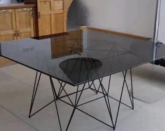 Superb Vintage Mid Century Industrial Italian Designer Style Smoked Glass Dining Table.