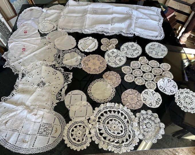 Selection of Vintage Crochet Doilies And Lace Embroidery Tablecloths / Decor.