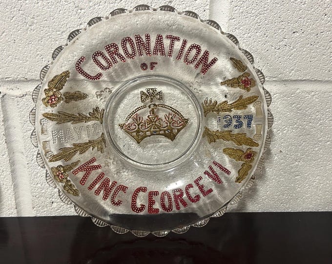 Rare Unusual Large George VI Coronation Coloured Pressed Glass Plate 1937