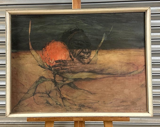 Rare Original Ainslie Roberts (1911-1993) Aboriginal Overglazed Print ‘Waratah & The Blind Hunter’ Dated 1966