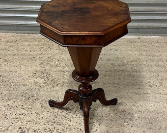 Gorgeous Victorian Walnut Octagonal Sewing / Work Table on Tripod Base