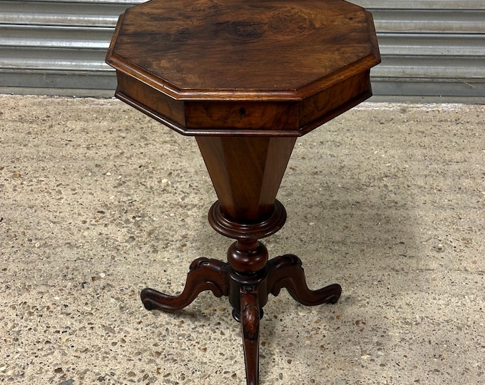 Gorgeous Victorian Walnut Octagonal Sewing / Work Table on Tripod Base