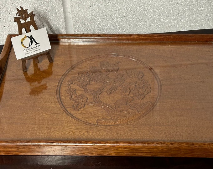 Beautiful Vintage Hardwood Chinese Carved Serving Tray With Glass Inlay with Two Carrying Handles