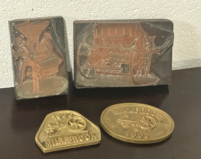 Two Antique Copper Printing Blocks & Two Brass Millbrook Railway Plaques