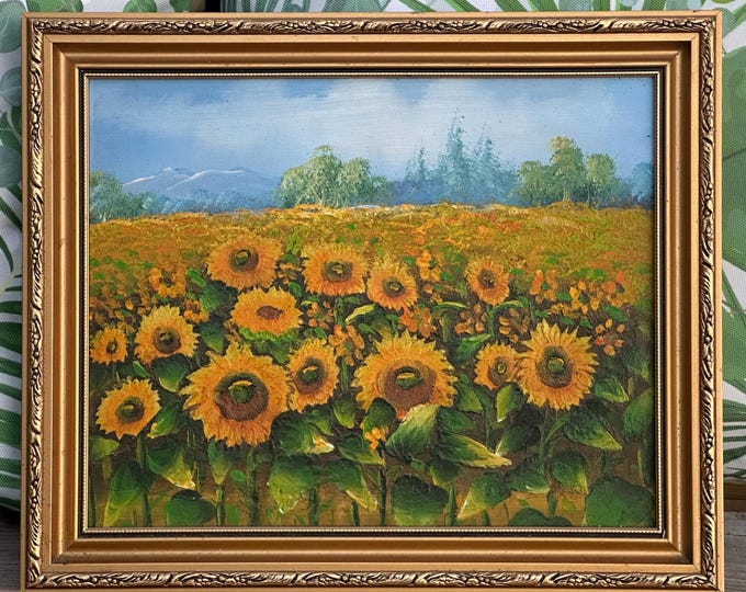 Lovely Original Oil Painting On Board Of Sunflowers In Field