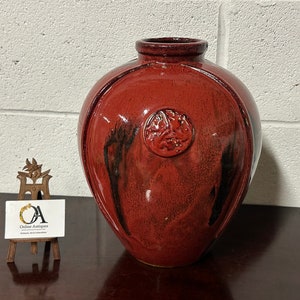 Jarrón de cerámica de cerámica roja china estilo Sang de Boeuf hecho a mano vintage