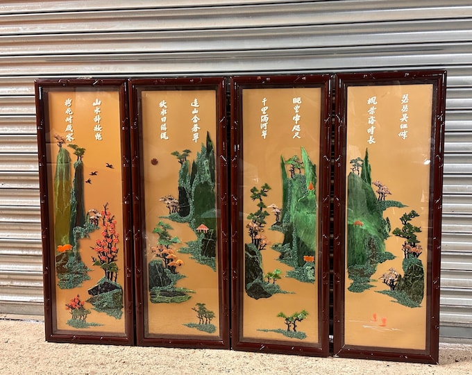 Vintage Chinese Four Seasons Inlaid Stone / Jade Four Panel Individual Wood Screen