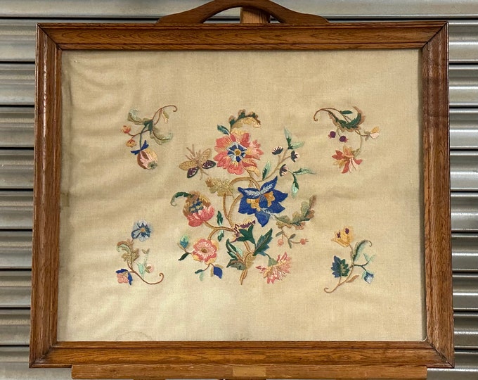 Early 1900’s Antique Handmade Embroidery In An Oak Frame