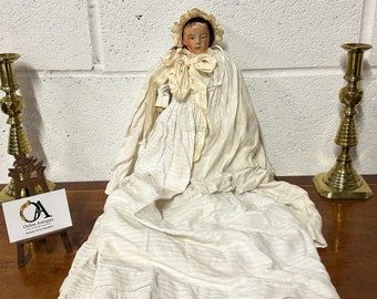 Lovely Rare Antique 19th Century Doll With Bisque Head And Fabric Body Wearing A Gown