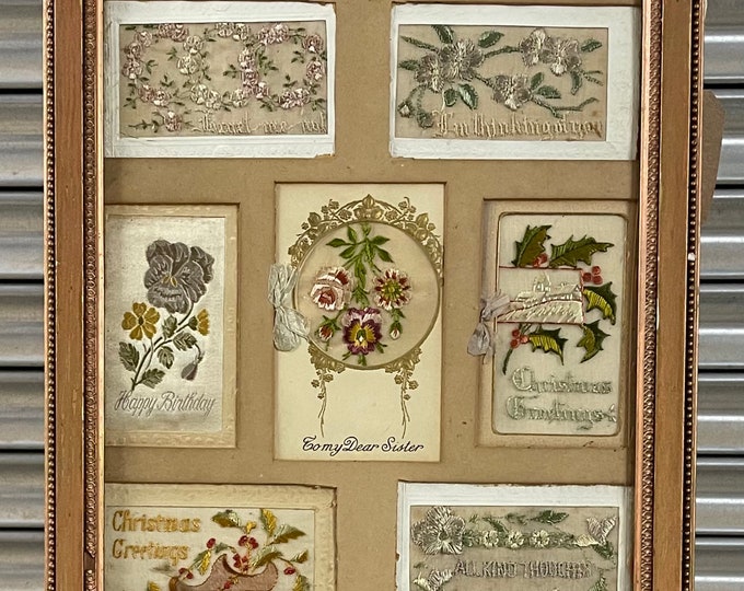 Antique 19th Century Silk Embroidery Needlepoint of Various Sentiments including Love, Christmas and Birthday Greetings