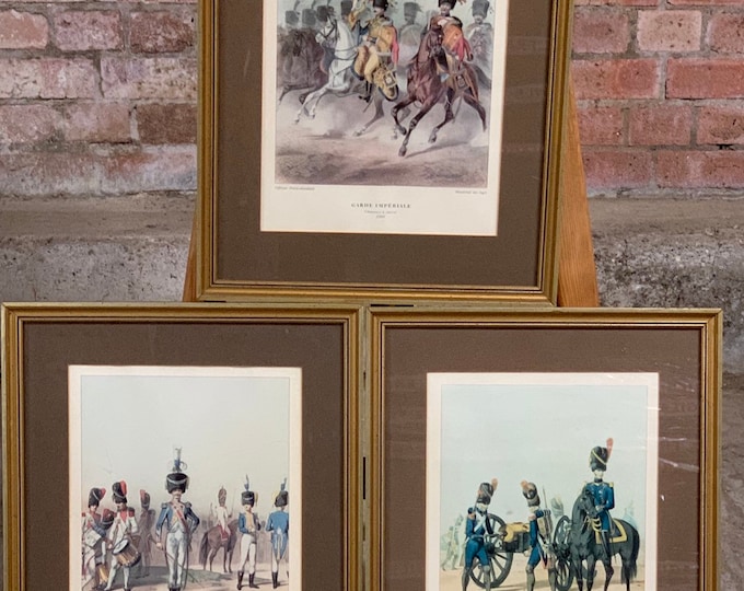 Three Antique 19th Century Framed and Glazed Coloured Prints Of French Army Officers