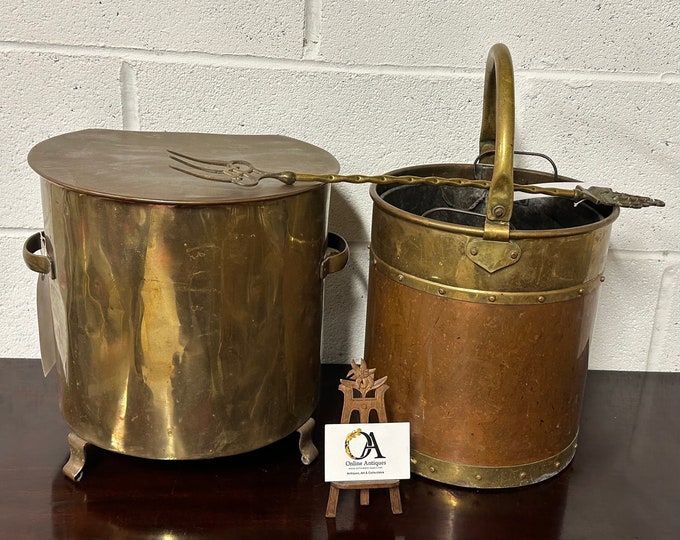 Two Antique Late 19th Century Fireplace Coal Buckets / Scuttles Plus a brass HMS Victory Fork