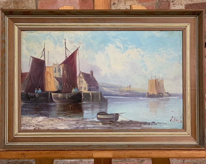 Lovely Seascape Oil Painting Of Boats In The Harbour By J Bage