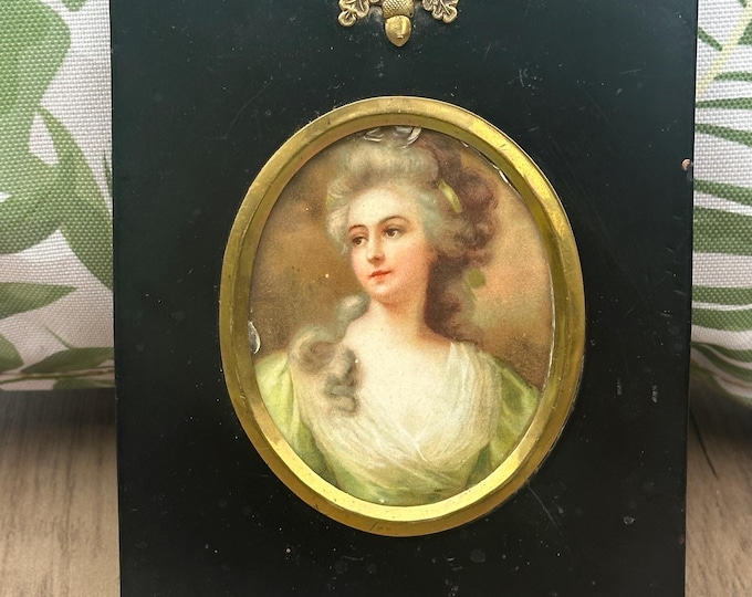 Antique Framed Miniature Portrait Mezzotint Print Of An Elegant 18thC Lady