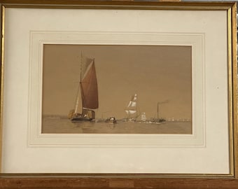 Antique 19th Century Watercolour Maritime Scene – Sailing Boats and Steam Ships at Sea