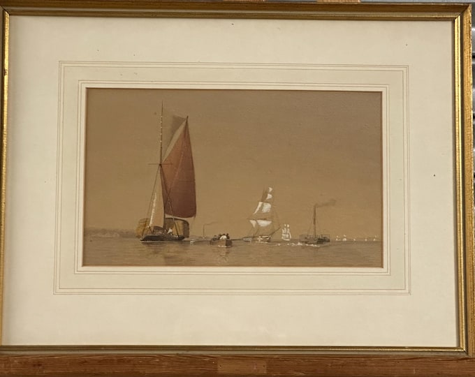Antique 19th Century Watercolour Maritime Scene – Sailing Boats and Steam Ships at Sea