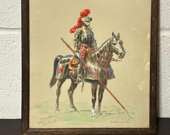 Eugene Pechaubes 16th Century Knight Mixed Watercolour Gouache Etching Signed