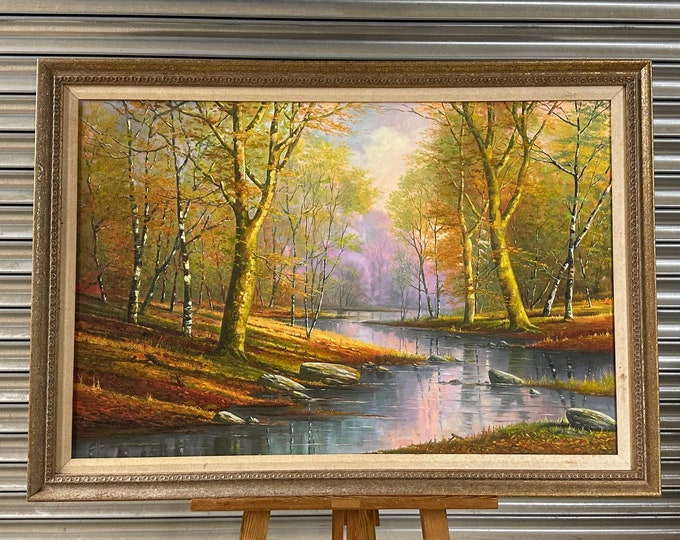 Beautiful Vintage Mid Century Oil Painting On Canvas Of A Woodland Scene