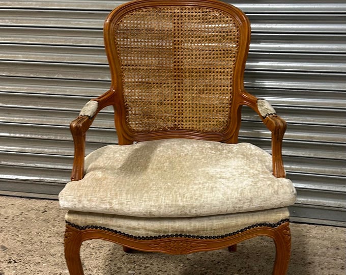 Vintage French-Style Carved Cane Back Armchair with Padded Seat