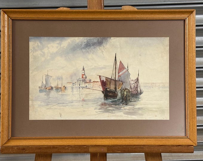 Antique Venetian Watercolour Painting Sailing Boats & Church Venice Scene