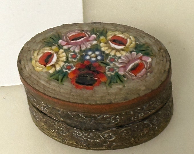 Circa 1930’s Vintage Italian Floral Micro Mosaic Gold Gilt Pill Box