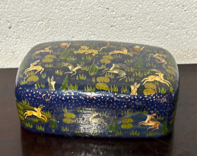Vintage Kashmiri Napier Mache Lacquered and Hand-painted Box with Lid