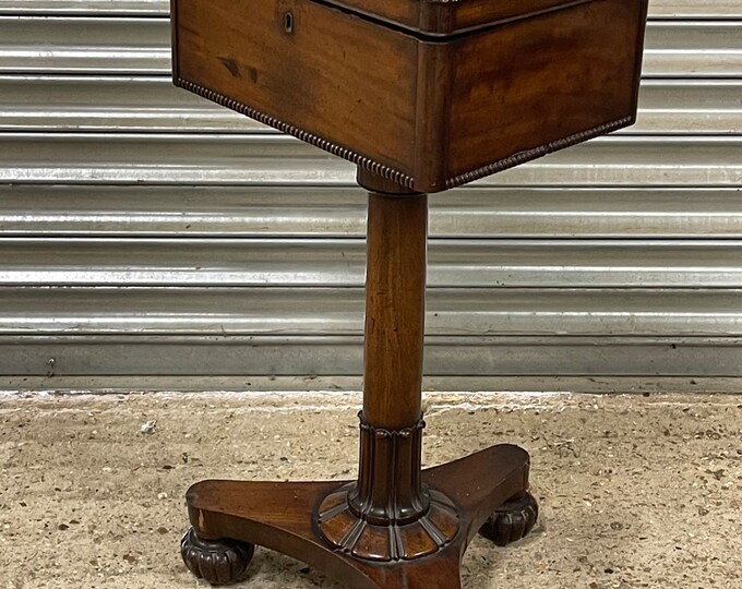 Handsome 19th Century Mahogany Teapoy with Fitted Tea Caddy Interior & Cut Glass Mixing Bowl.