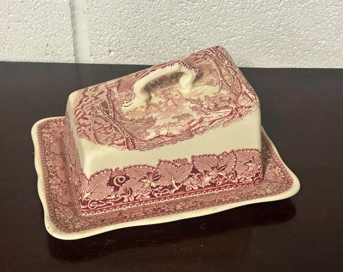 Gorgeous Vintage Masons Patent Ironstone Vista Pink Cheese / Butter Dish