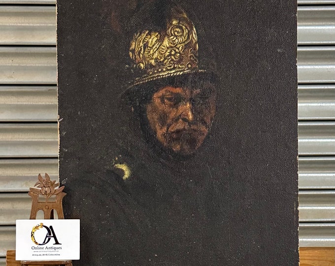 19thC Oil On Board After Rembrandt ‘Man With Golden Helmet’ Military Portrait