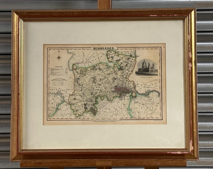 Antique Framed Circa 1831 Pigot Steel-Engraved Hand-Coloured Map of Middlesex