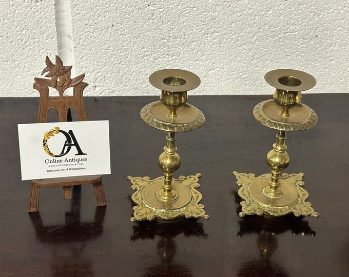 Beautiful Pair Of 19th Century Arts & Crafts Decorative Brass Candleholders