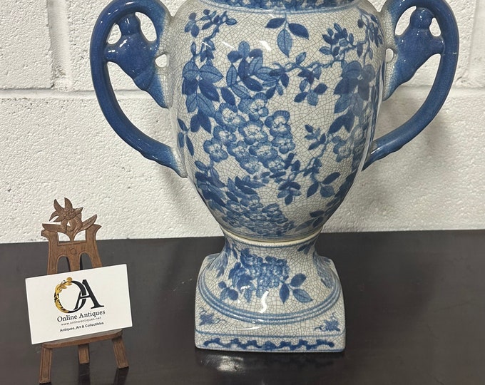 Large Vintage Twin Handled Blue And White Baluster Shaped Vase