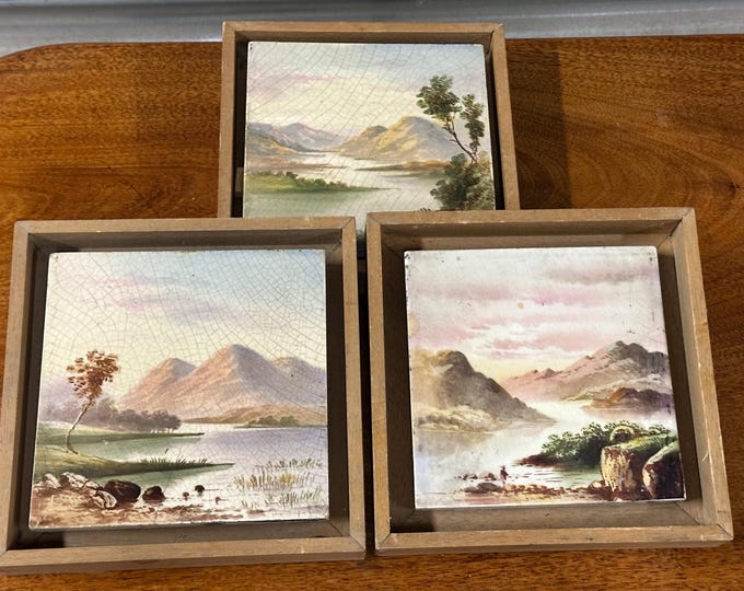 Victorian Hand Painted Landscape Tiles Framed Set of 3 – Antique Scenic Plaques c.1900