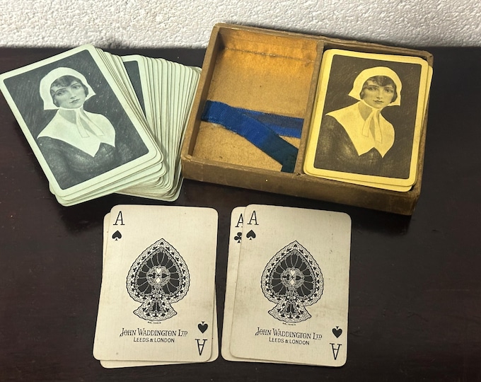 Rare Double Set Of John Waddington Playing Cards With Hand Painted Chinese Box