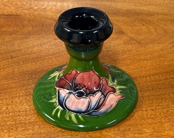 Mid-20th Century Moorcroft Hibiscus Pattern Squat Candlestick / Candle Holder