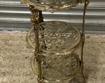 Gorgeous Vintage Brass Ornate 3 Tier Display Stand, Decorative Filigree Shelves