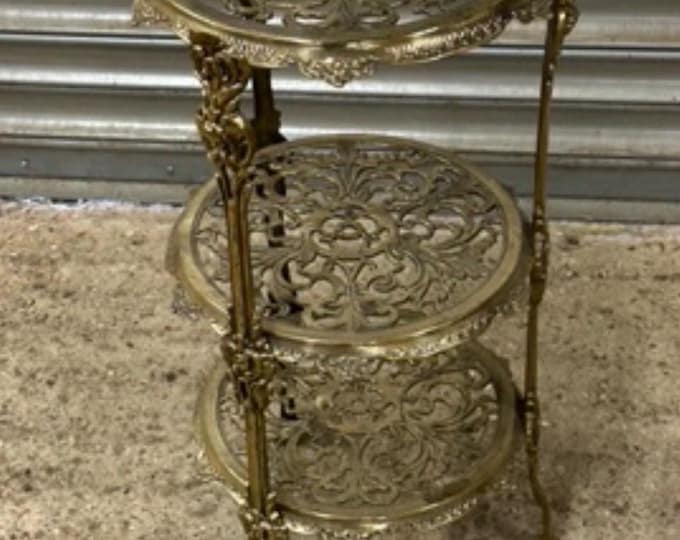 Gorgeous Vintage Brass Ornate 3 Tier Display Stand, Decorative Filigree Shelves