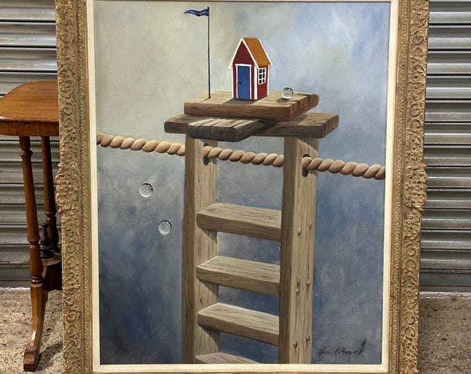 Original Oil Painting by Annica Petterson (Swedish, b.1965) – Surreal Coastal Scene - Titled "Toppen ar nådd"