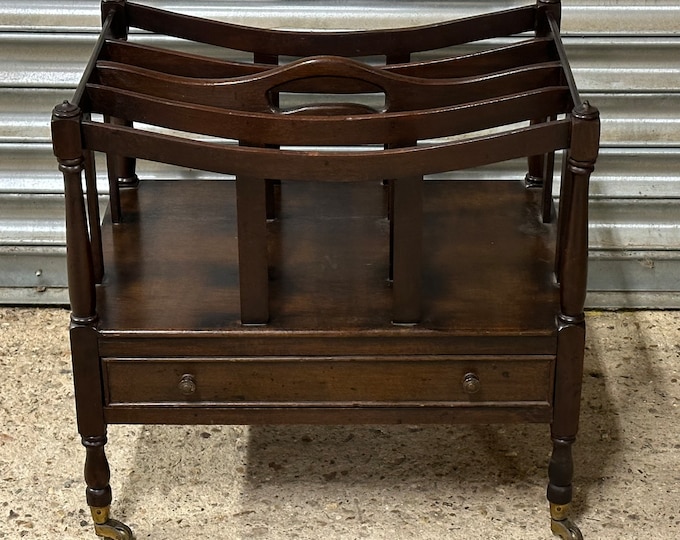 Vintage Mahogany Canterbury / Magazine With Four Sections On Brass Castors