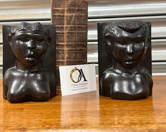 Vintage Hand Carved Wooden Ebonised Bookends, Stylised Tribal Figural Busts