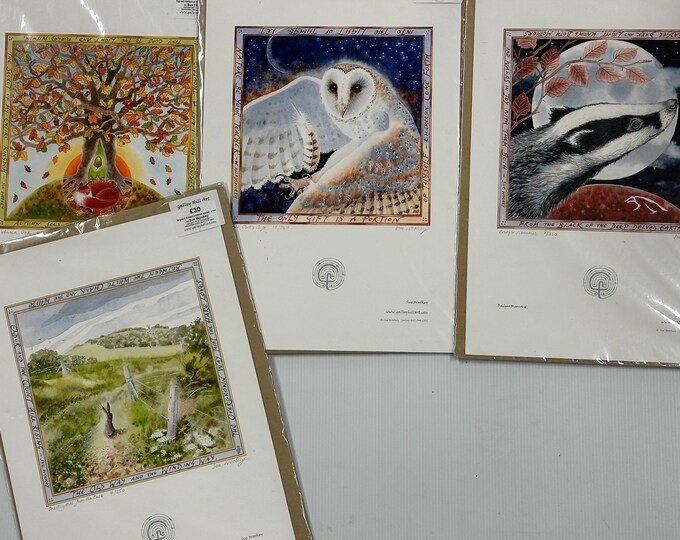Four Wildlife Animal Giclee Prints By Sue Wookey - Badger, Owl, Fox And Hare
