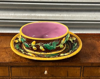 Antique George Jones Majolica Bowl and Stand – Oak Leaf & Acorn Pattern c1875 A/F