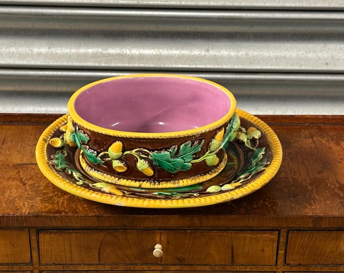Antique George Jones Majolica Bowl and Stand – Oak Leaf & Acorn Pattern c1875 A/F