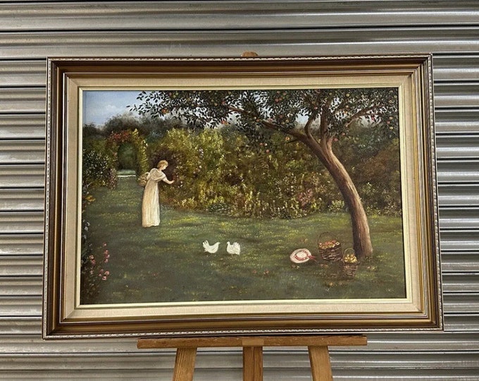 Lovely Oil Painting Of A Lady Picking Apples In A Beautiful Garden With Doves