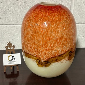 Large Vintage Hand Blown Orange Murano Art Glass Vase with Abstract Design