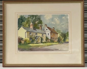 Charming Original Watercolour by David Green – Cottages in Barrington, Cambridgeshire (1998)