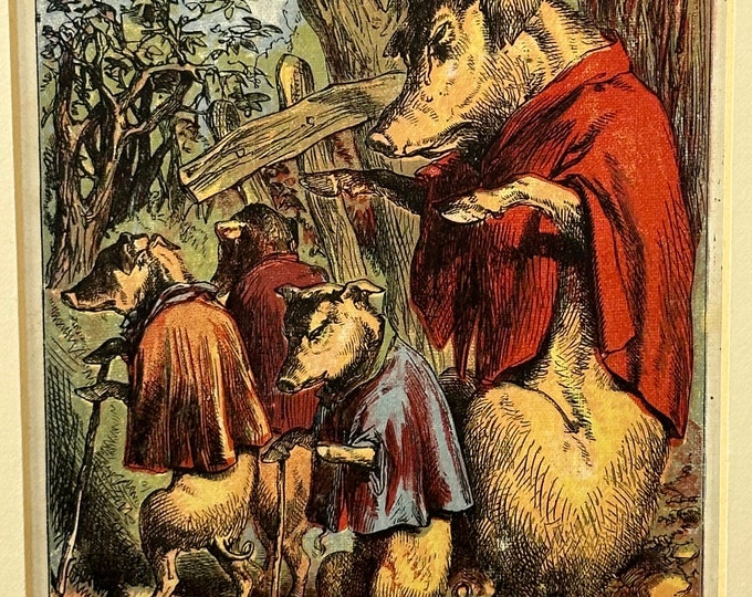 Antique Hand coloured Etching ‘Three Pigs’ Going To Seek Their Fortune